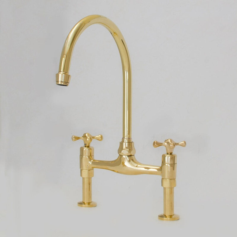 8" Unlacquered Brass Bridge Faucet, Brass Kitchen Faucet, Widespread Kitchen Faucet With Simple Cross Handles