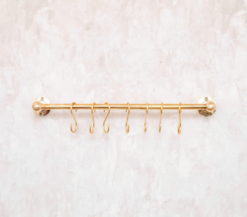 Unlacquered Brass Wall Mount Pot Rail Bar With Hooks - BRASSMA