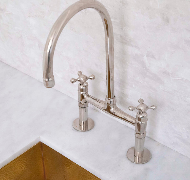 Elegant Unlacquered Brass Bridge Faucet with Sleek Nickel Finish - BRASSMA