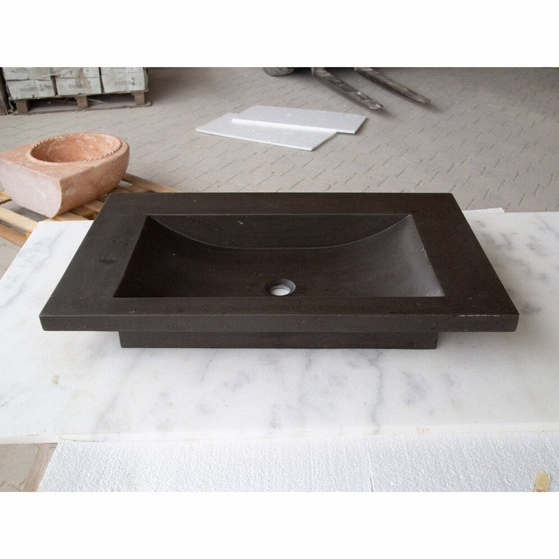 Black Andesite Natural Stone Rectangular Shape Vessel Sink Honed (W)16" (L)26" (H)5" SKU-DSAN01 product shot angle view