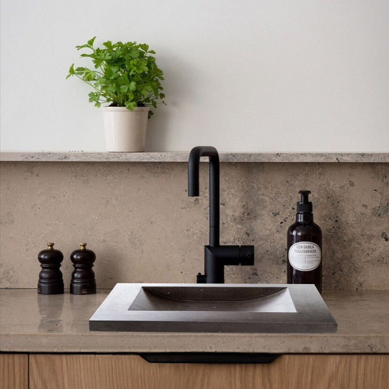 Black Andesite Natural Stone Rectangular Shape Vessel Sink Honed (W)16" (L)26" (H)5" SKU-DSAN01 installed on bathroom