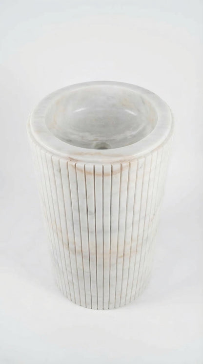 Carrara White Marble Designer Pedestal Stand-Alone Fluted Sink (W)18" (L)18" (H)33"