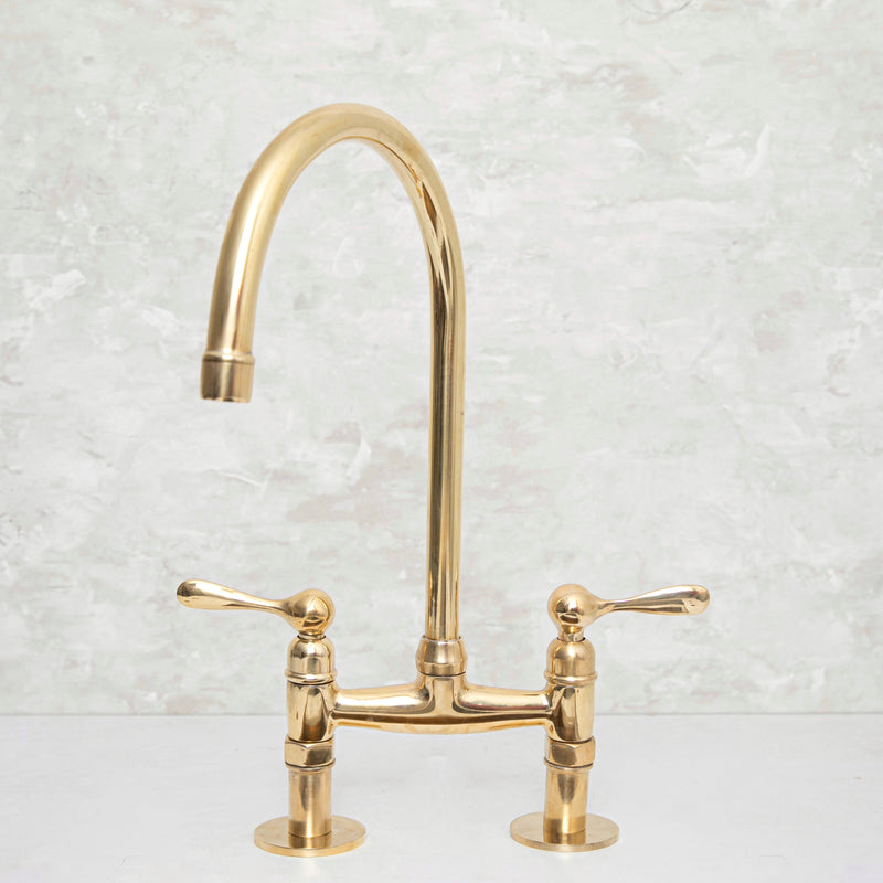 Elegant Unlacquered Brass Kitchen Bridge Faucet with Stylish Lever Handles - BRASSMA