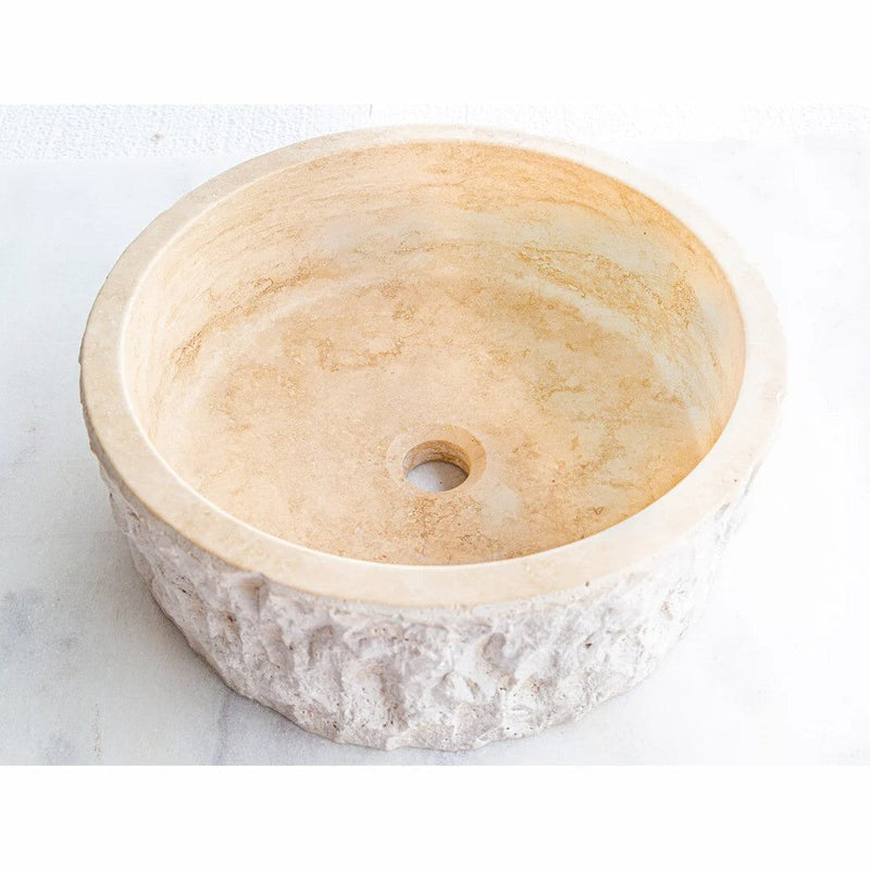 Denizli Beige Travertine Rustic Stone Vessel Sink Honed and Hand-chiseled D16 H6 SKU CM-B-005-BL angle view