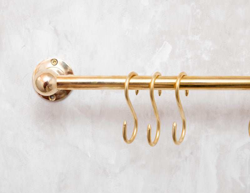 Unlacquered Brass Wall Mount Pot Rail Bar With Hooks - BRASSMA