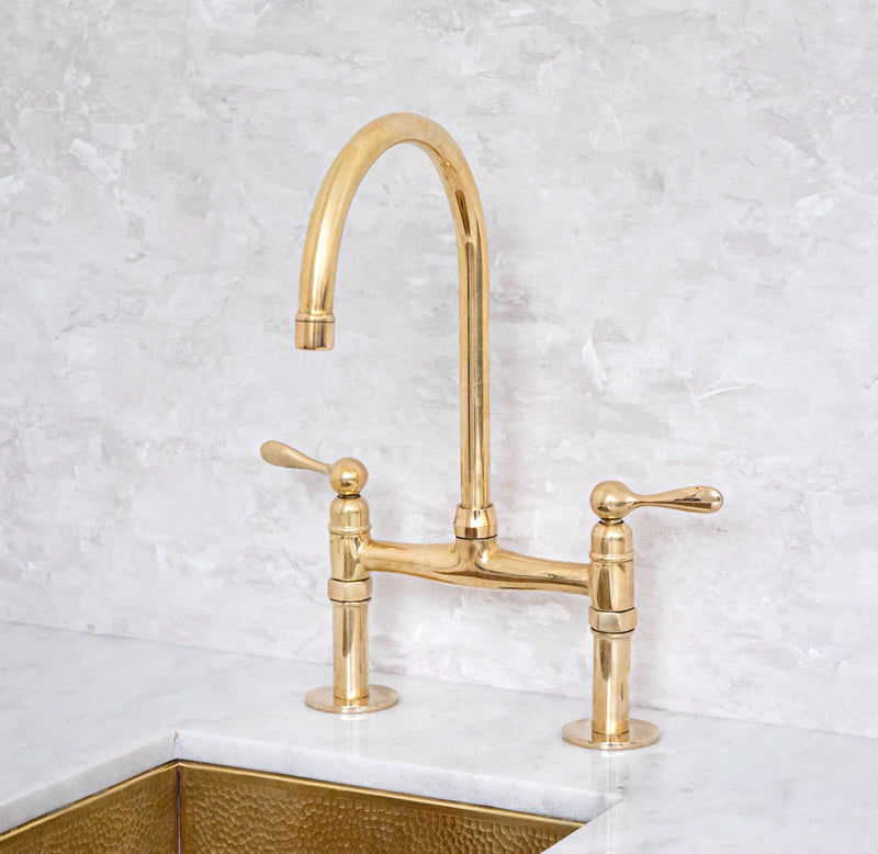 Elegant Unlacquered Brass Bridge-Style Kitchen Faucet - BRASSMA