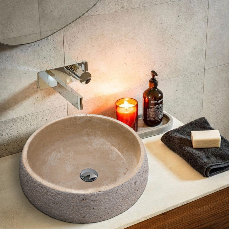 Light Beige Travertine Vessel Bathroom Sink Honed Inside and Sandblasted Outside  (D)16" (H)6"