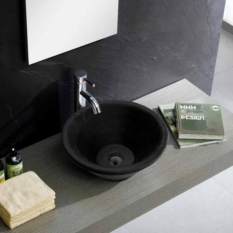 Gobek Black Andesite Natural Stone V-Shape Tapered Honed_Matte Sink NTRSTC11 bathroom scene