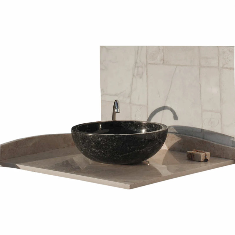 Gobek Black Marble Natural Stone Polished Vessel Sink 20020032 bathroom scene with beige backgorund