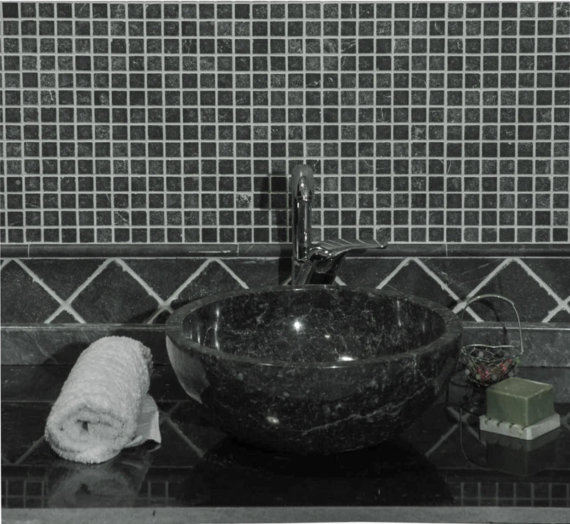 Gobek Black Marble Natural Stone Polished Vessel Sink 20020032 bathroom scene with darker background