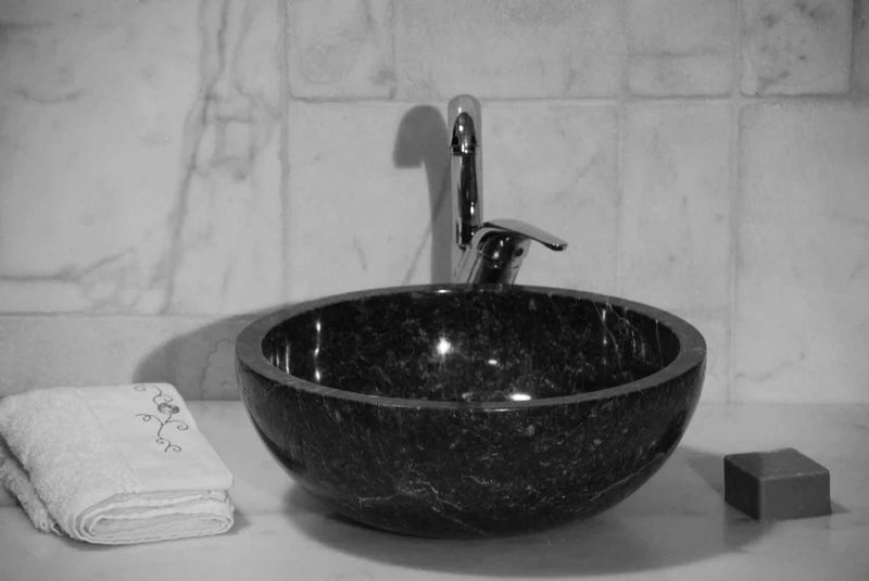 Gobek Black Marble Natural Stone Polished Vessel Sink 20020032 bathroom scene with lighter background