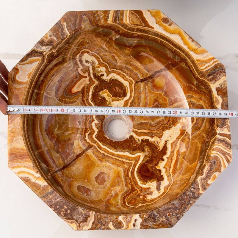 Gobek Brown Onyx Translucent Octagon Polished Natural Stone Vessel Sink EGEBOXP165 diameter