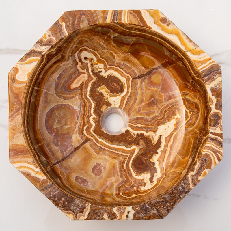 Gobek Brown Onyx Translucent Octagon Polished Natural Stone Vessel Sink EGEBOXP165 top view