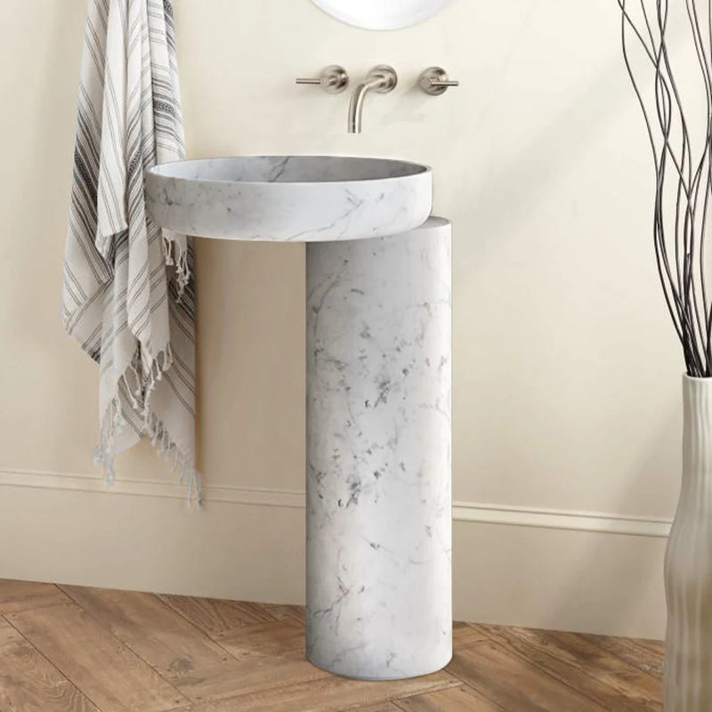 Gobek Calacatta White Marble Natural Stone Freestanding Pedestal Sink CWMFPS01 bathroom scene