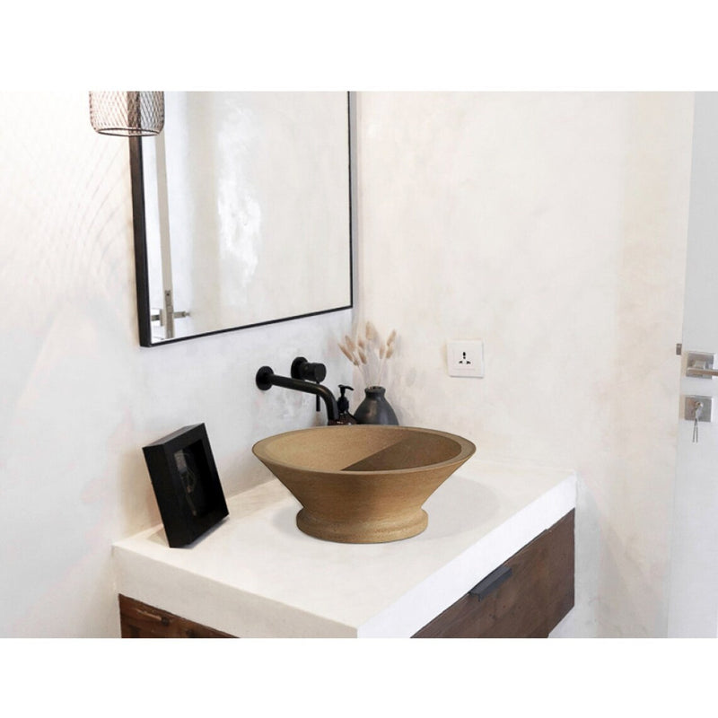 Gobek Classic Travertine Natural Stone Honed V-Shape Tapered Sink 20020024 bathroom scene with white background