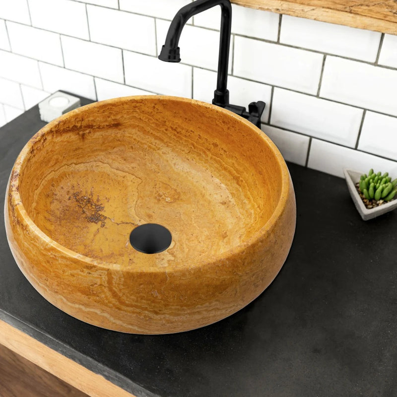 Gobek Golden Sienna Travertine Polished Natural Stone Vessel Sink EGEGSTR1673 bathroom scene