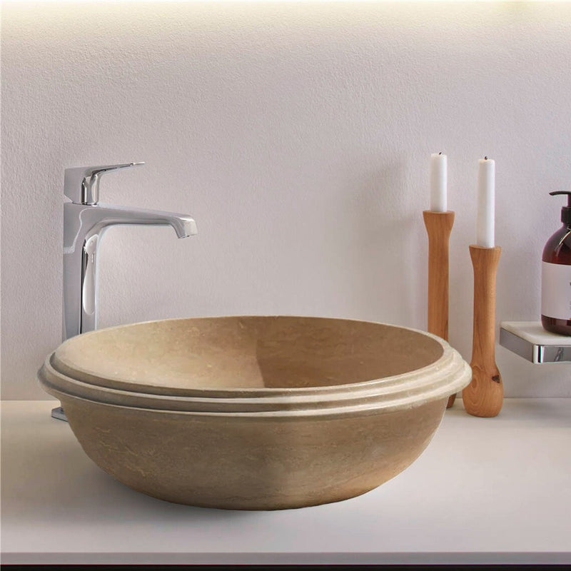 Gobek Honed Light Travertine Natural Stone Drop-in Sink 20020041 countertop bathroom scene