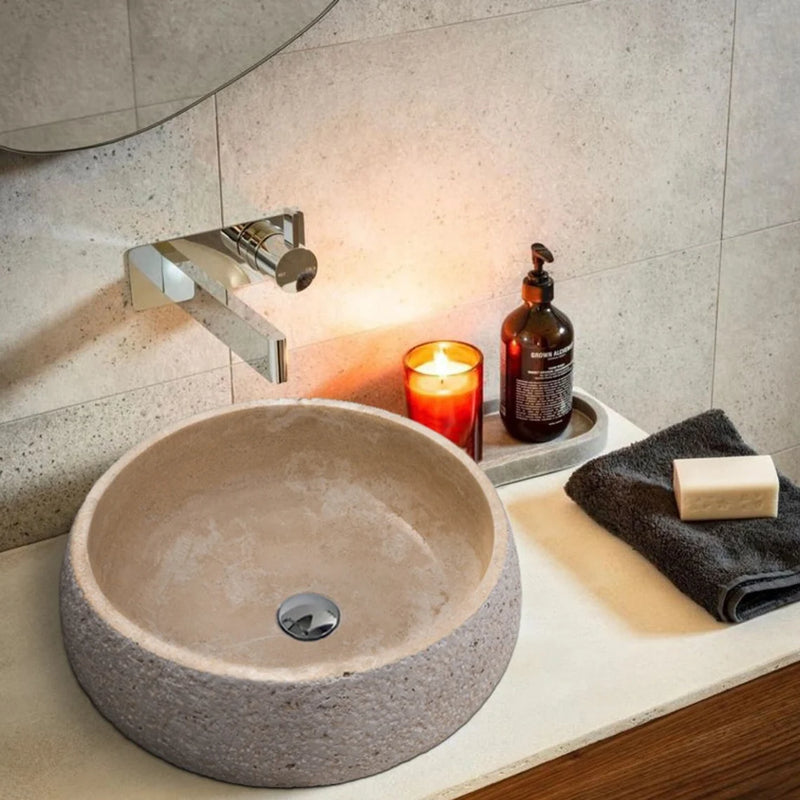 Gobek Light Beige Travertine Honed and Sand-Blasted Vessel Sink EGELBTR1662 bathroom scene