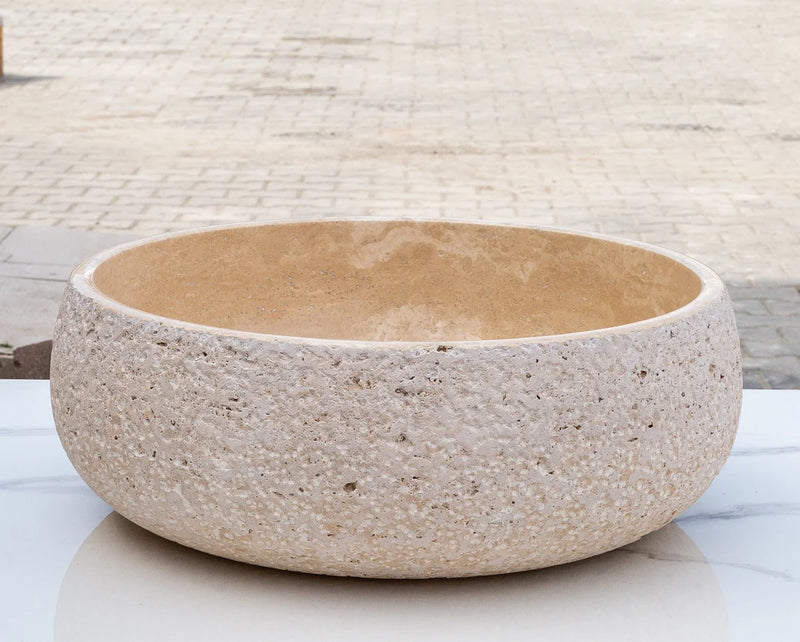 Gobek Light Beige Travertine Honed and Sand-Blasted Vessel Sink EGELBTR1662 side view