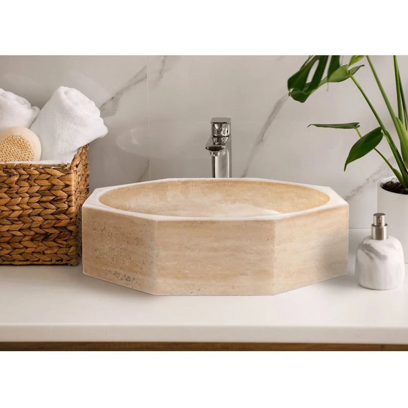 Gobek Light Beige Travertine Octagon Polished Vessel Sink Bowl EGELBTOP166 bathroom scene