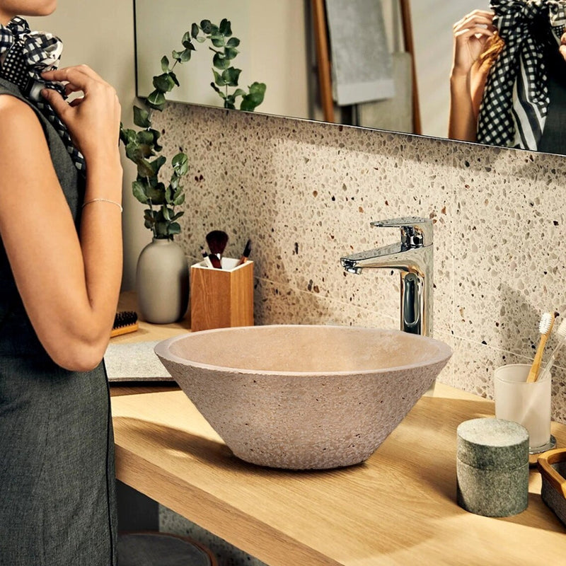 Gobek Light Beige Travertine V-Shape Tapered Honed and Sand-Blasted Sink EGELBT1661 bathroom scene