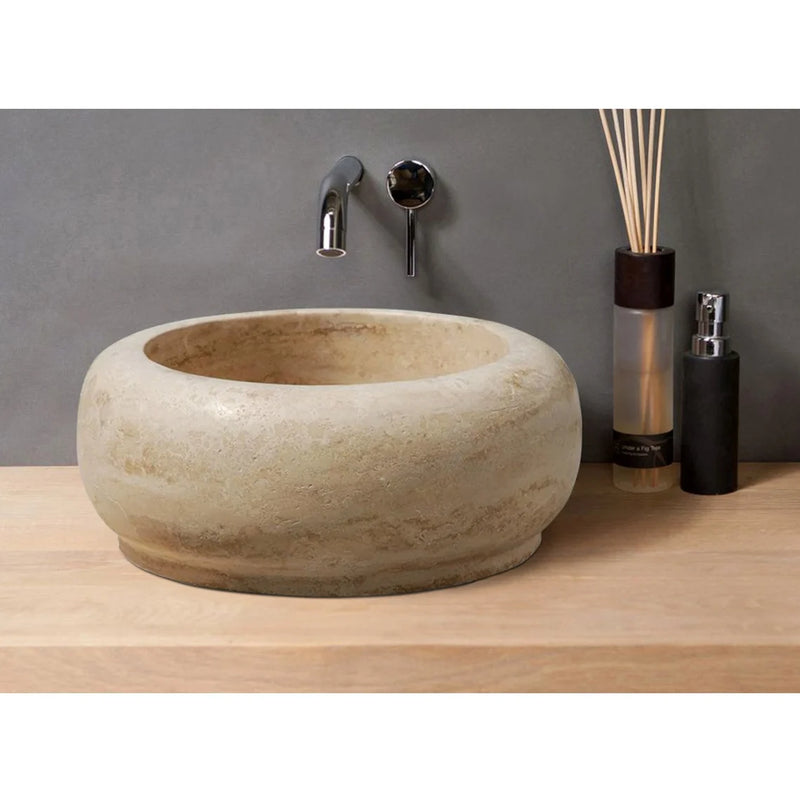 Gobek Light Travertine Honed Natural Stone Round Vessel Sink 20020003 bathroom scene