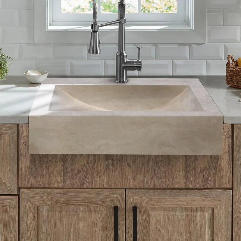 Gobek Light Travertine Honed and Filled Rectangular Sink NTRSTC34 kitchen scene