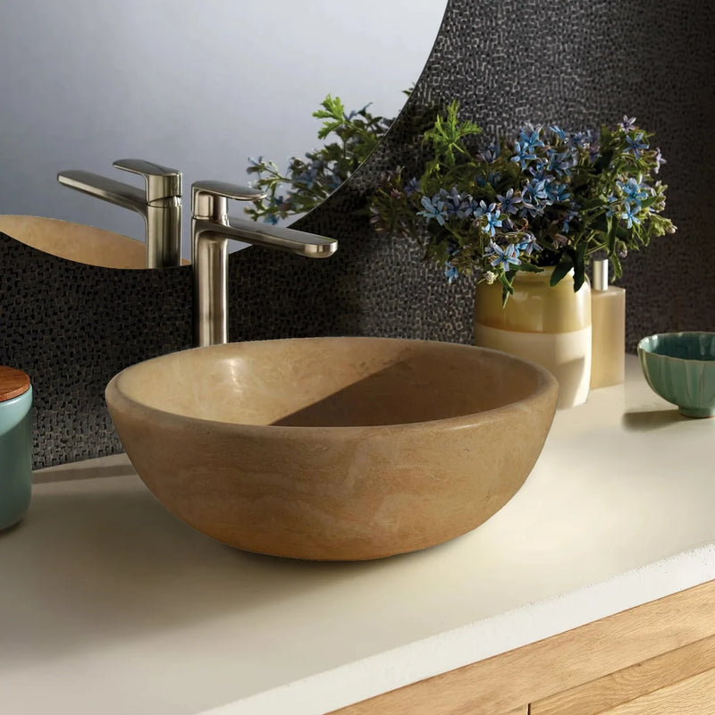 Gobek Light Travertine Natural Stone Honed and Filled Vessel Sink 20020030 bathroom scene