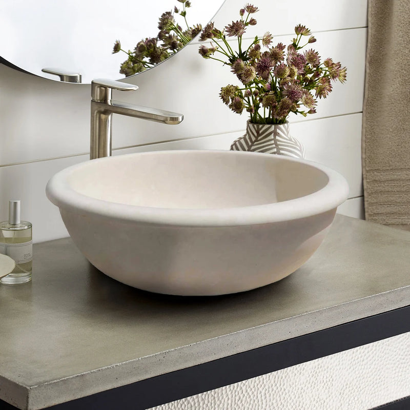 Gobek Natural Stone Classic Limestone White Vessel Sink 20020036 over countertop