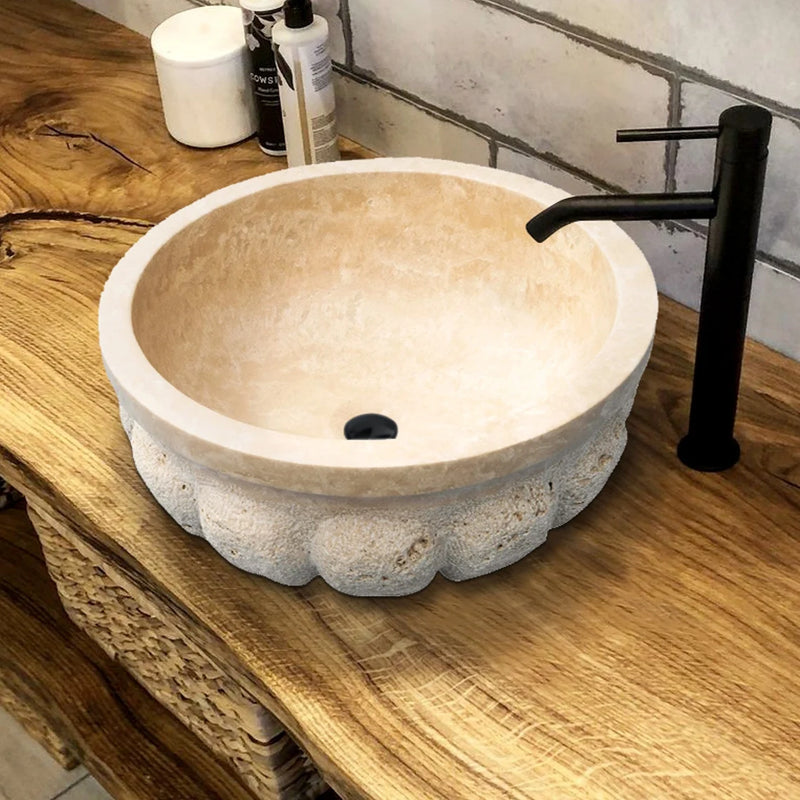 Gobek Natural Stone Honed Circular Light Travertine Vessel Sink 20020022 bathroom scene