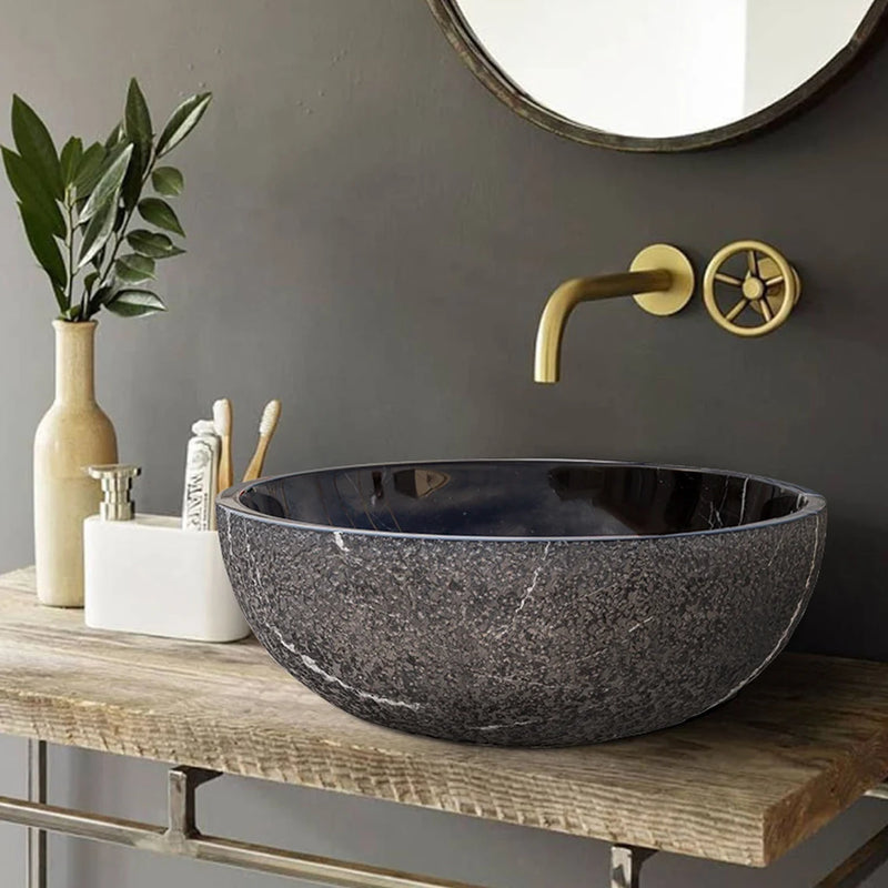 Gobek Natural Stone Toros Black Marble Polished and Rough Vessel Sink EGE7TBP165 bathroom scene