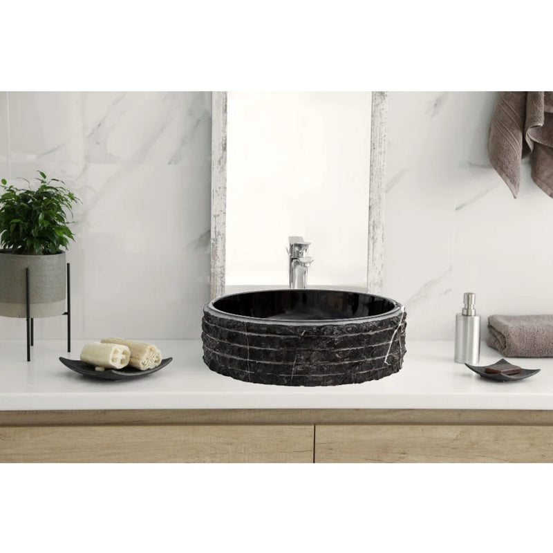 Gobek Natural Stone Toros Black Marble Polished and Combed Vessel Sink EGENTBM1675 bathroom scene