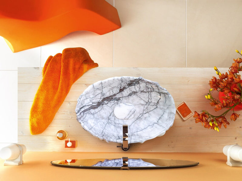 Gobek New York Marble Artistic Polished Vessel Sink NTRVS09 orange bathroom scene