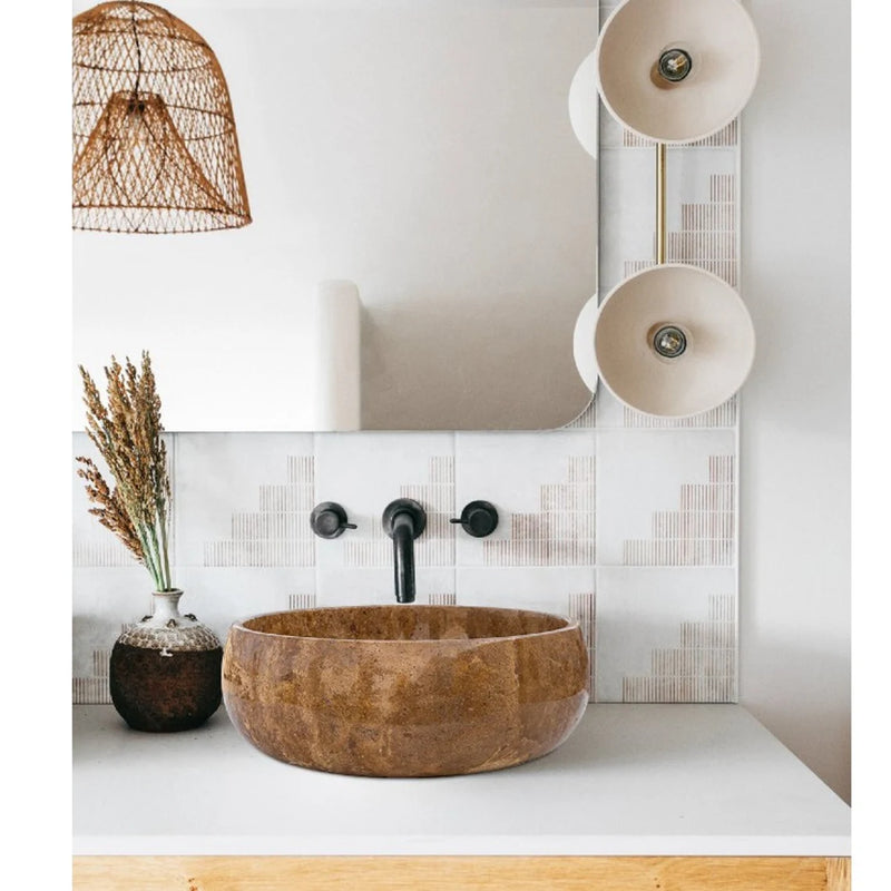 Gobek Noce Brown Travertine Natural Stone Polished Round Vessel Sink EGENP166 bathroom scene