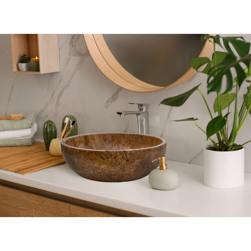 Gobek Noce Brown Travertine Natural Stone Undermount Polished Vessel Sink EGENTR1674 bathroom scene