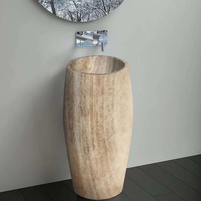 Gobek Noce Brown Travertine Pedestal Curved Honed Sink NTRSTC44 bathroom scene