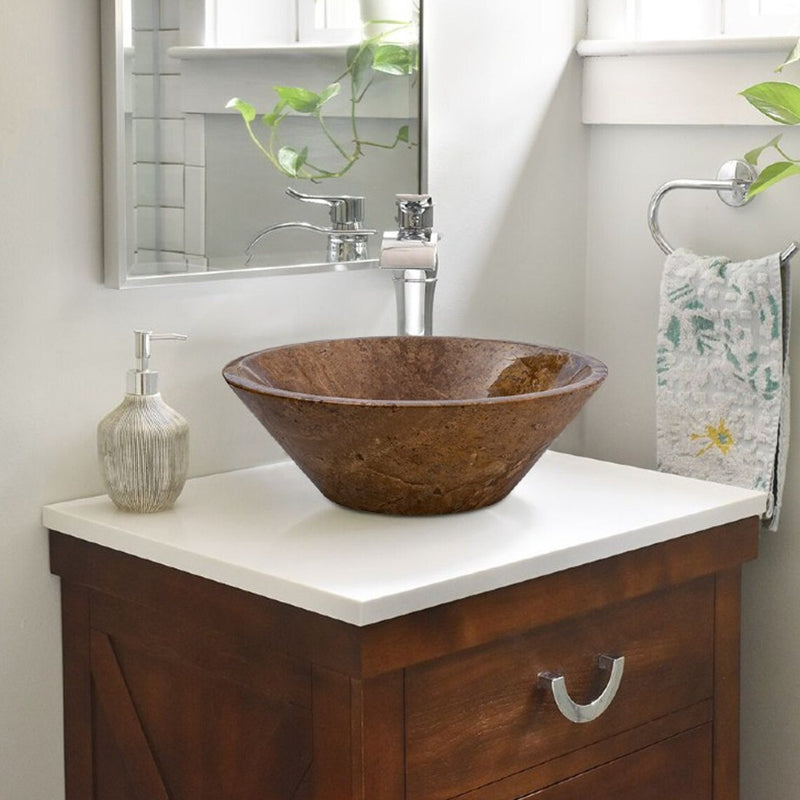 Gobek Noce Brown Travertine V-Shape Polished Tapered Sink EGENPT1664 bathroom scene