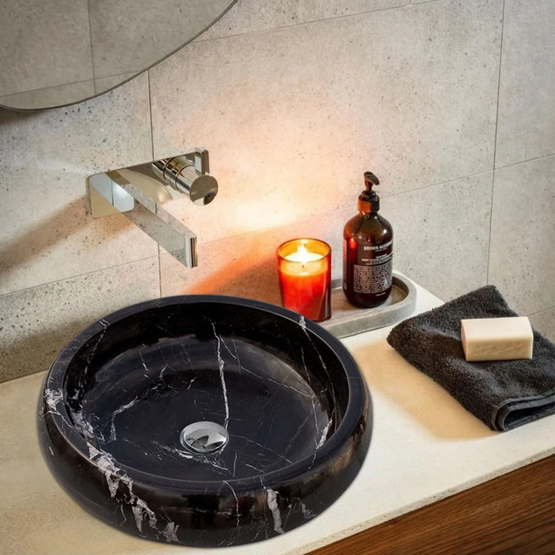 Gobek Toros Black Marble Polished Vessel Sink Bowl EGETBVP165 bathroom scene candle mirror 