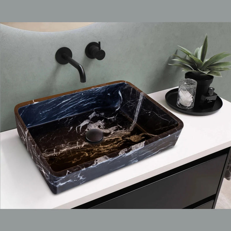 Gobek Toros Black Marble Semi-Polished Natural Stone Rectangular Sink T1-252 bathroom scene