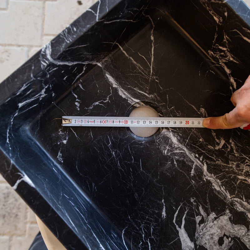 Gobek Toros Black Marble Semi-Polished Natural Stone Rectangular Sink T1-252 drain hole