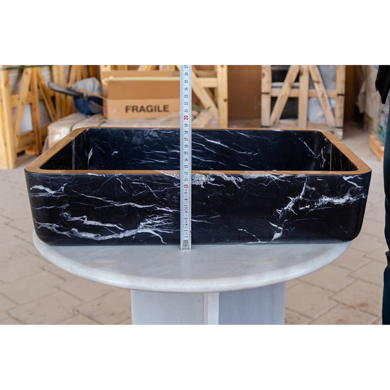 Gobek Toros Black Marble Semi-Polished Natural Stone Rectangular Sink T1-252 outer height