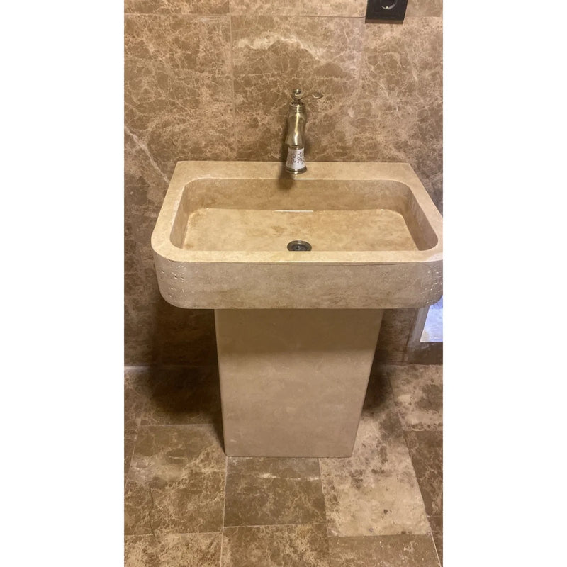 Gobek Travertine Natural Stone Pedestal Rectangular-top Honed Sink YDPTS01 front view in the bathroom