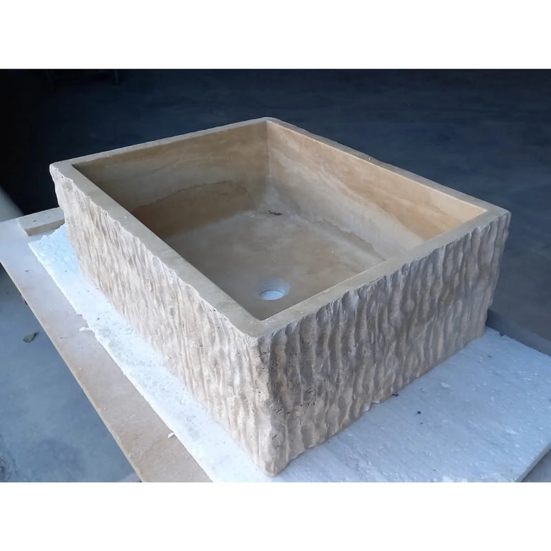 Gobek Travertine Natural Stone Rectangular Honed and Hand-Chiseled Sink BTRS01 angle view