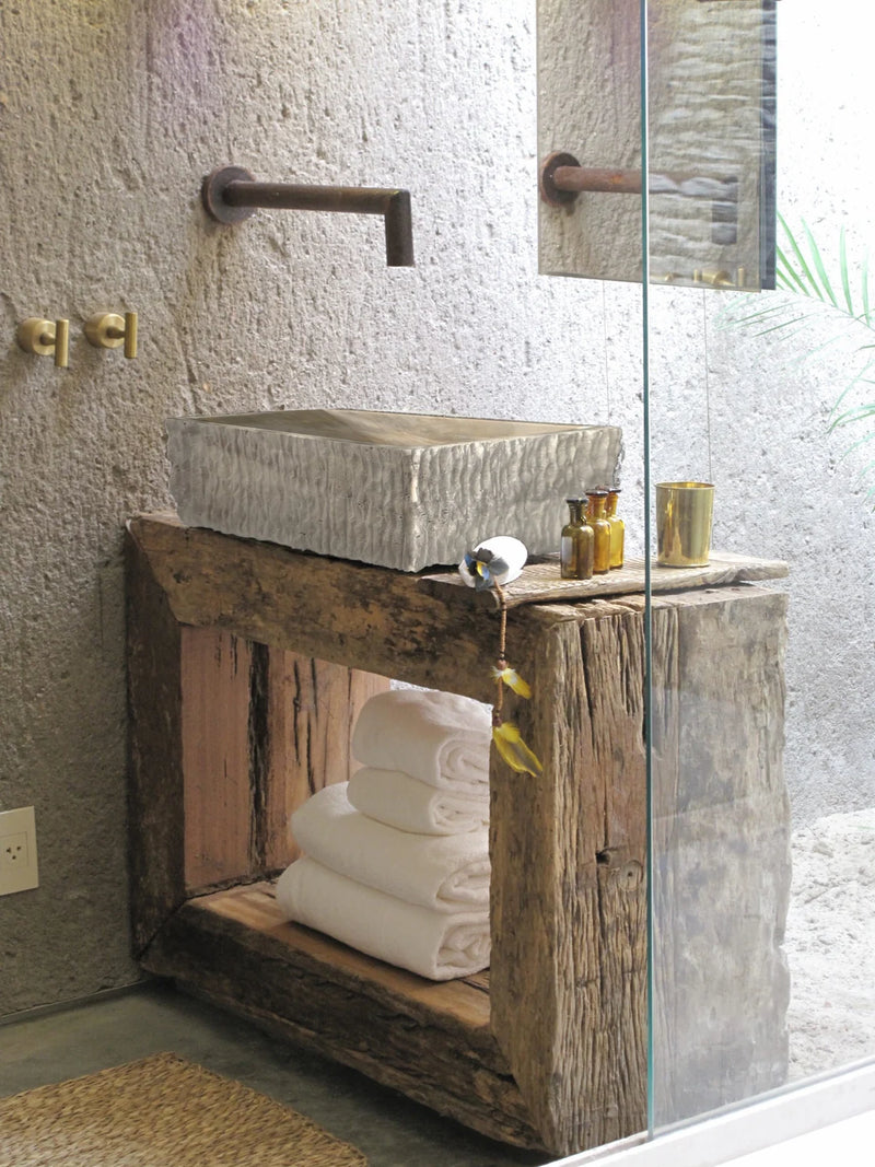 Gobek Travertine Natural Stone Rectangular Honed and Hand-Chiseled Sink BTRS01 abthroom scene