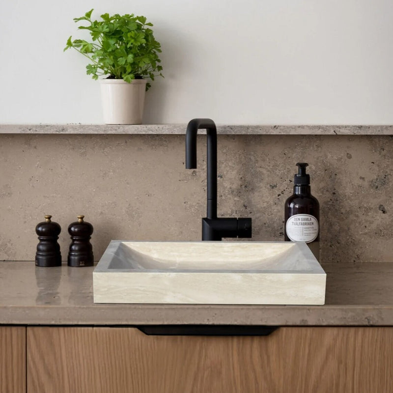 Gobek Troia Light Travertine Rectangular Honed Filled Vessel Sink NTRSTC37 bathroom scene