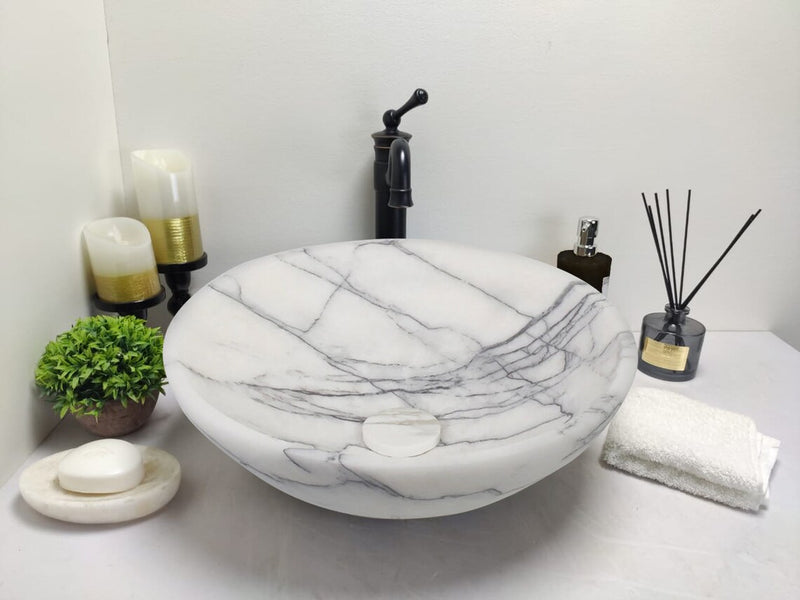 Gobek White Marble Natural Stone Polished Vessel Sink WMRVS01 bathroom scene