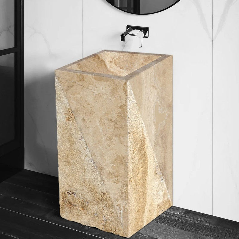 Gold Travertine Pedestal Rectangular Prism Sink Honed  (W)14" (L)21.5" (H)33.5" SKU-NTRSTC45 installed on bathroom scene