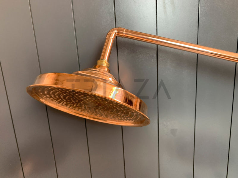 Unlacquered Solid copper Round Shower Head, copper Arm Extension - BRASSMA