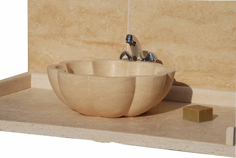 Light Beige Travertine Pumpkin Vessel Sink Bowl 20020021product shot in the bathroom