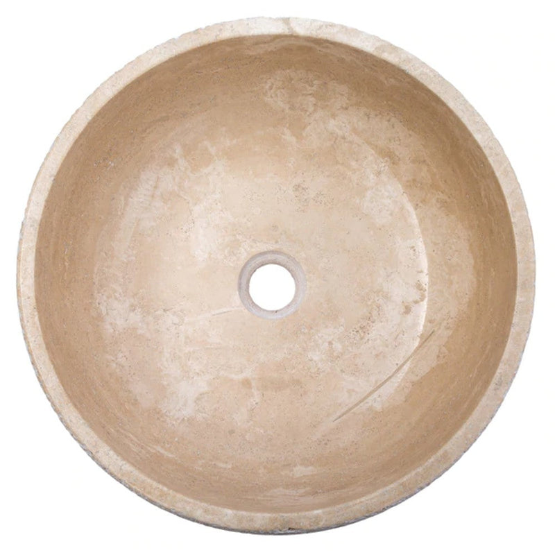 Light beige travertine vessel sink honed inside sandblasted outside size (D)16" (H)6" SKU-EGELBTR1662 product shot top view